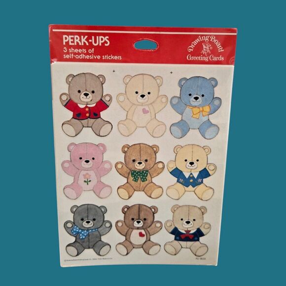 Rare Sealed NEW 1981 PERK-UPS Vintage Drawing Board Stickers Stuffed Teddy Bears - Picture 1 of 2